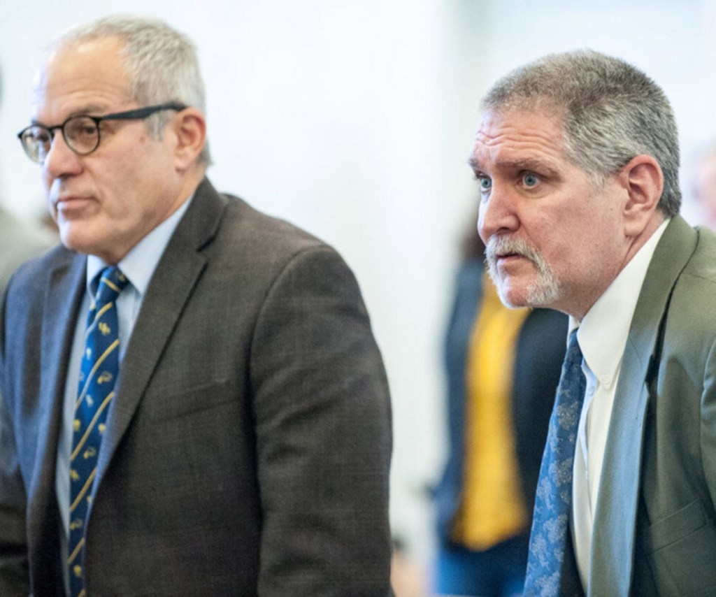 James E. "Ted" Sweeney, right and his attorney, Walter Hanstein, stand as Justice William Stokes enters Franklin County Superior Court on Friday morning in Farmington, where Sweeney was found guilty of murder.