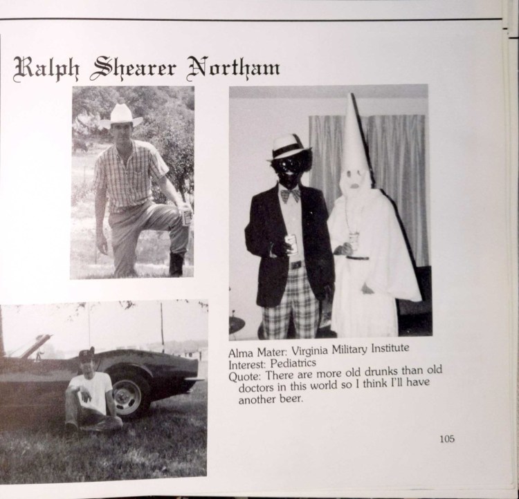 Ralph Northam's page in the 1984 yearbook of Eastern Virginia Medical School in which two people are wearing blackface and a KKK costume.