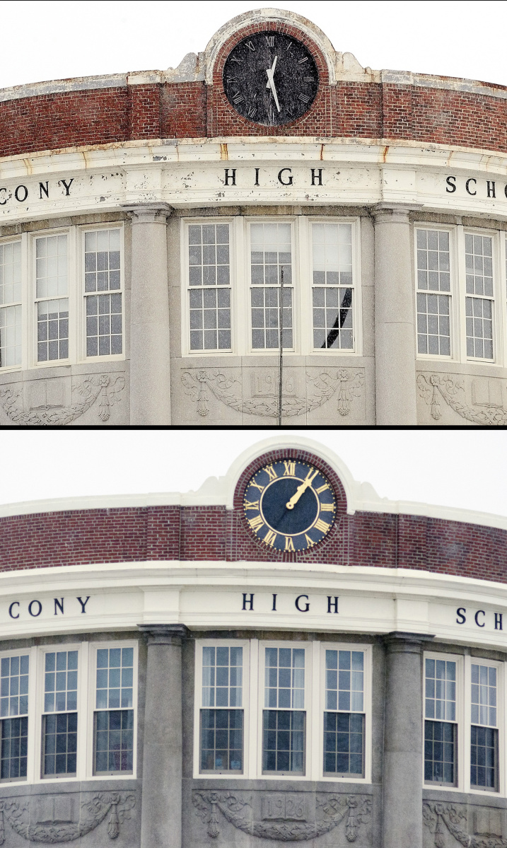 The top image from March 2013 and bottom image from January show the renovation work at the Cony Flatiron Senior Residence in Augusta. Jim Bryant recently repaired the tower clock. The hands are gold-leafed marine aluminum, and the new clock face is UV-acrylic finished to look like slate.