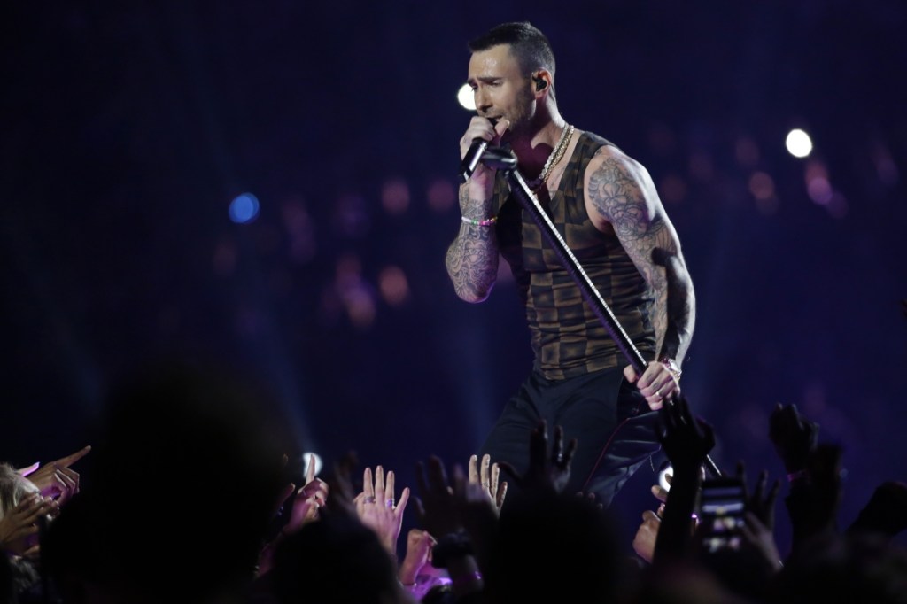 Adam Levine of Maroon 5 performs during halftime of the Super Bowl between the Los Angeles Rams and the New England Patriots.