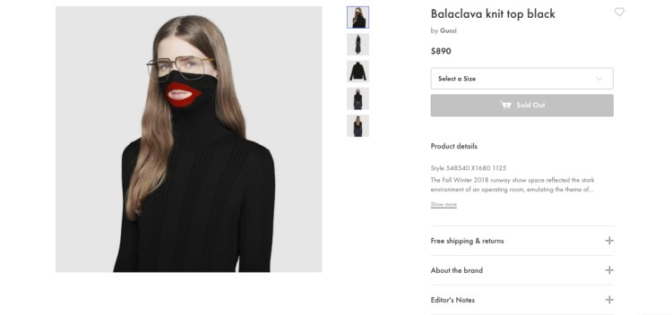 A screenshot taken on Thursday an online fashion outlet showing a Gucci turtleneck black wool balaclava sweater for sale. 