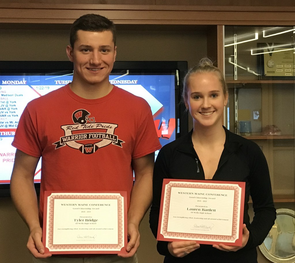 Wells High School student-athletes Tyler Bridge and Lauren Bartlett receive the Western Maine Conference Citizenship Award for 2019.