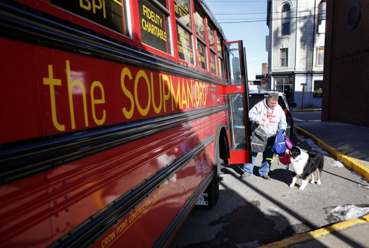 Peter "The Soupman" Kelleher is on a weeklong tour of Maine to help the homeless, including stops in Biddeford, Portland, Newport, Augusta and Bangor. His bus is packed with more than 1,500 backpacks that contain winter clothes and toiletries for the homeless.