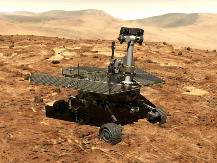 This illustration made available by NASA shows the rover Opportunity on the surface of Mars. The exploratory vehicle landed on Jan. 24, 2004, and logged more than 28 miles before falling silent during a global dust storm in June 2018. There was so much dust in the Martian atmosphere that sunlight could not reach Opportunity's solar panels for power generation.
