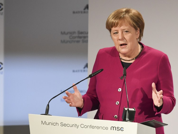 German Chancellor Angela Merkel delivers her speech during the Munich Security Conference in Munich on Saturday.