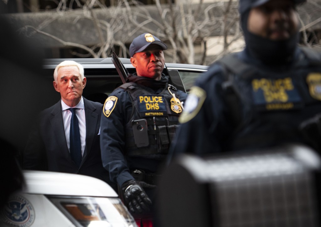 Roger Stone, longtime adviser to Donald Trump, arrives at the E. Barrett Prettyman United States Courthouse in Washington on Jan. 28, 2019.