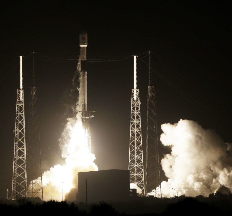 A SpaceX Falcon 9 rocket carrying Israel's Lunar Lander and an Indonesian communications satellite lifts off at Cape Canaveral, Fla., on Thursday night.