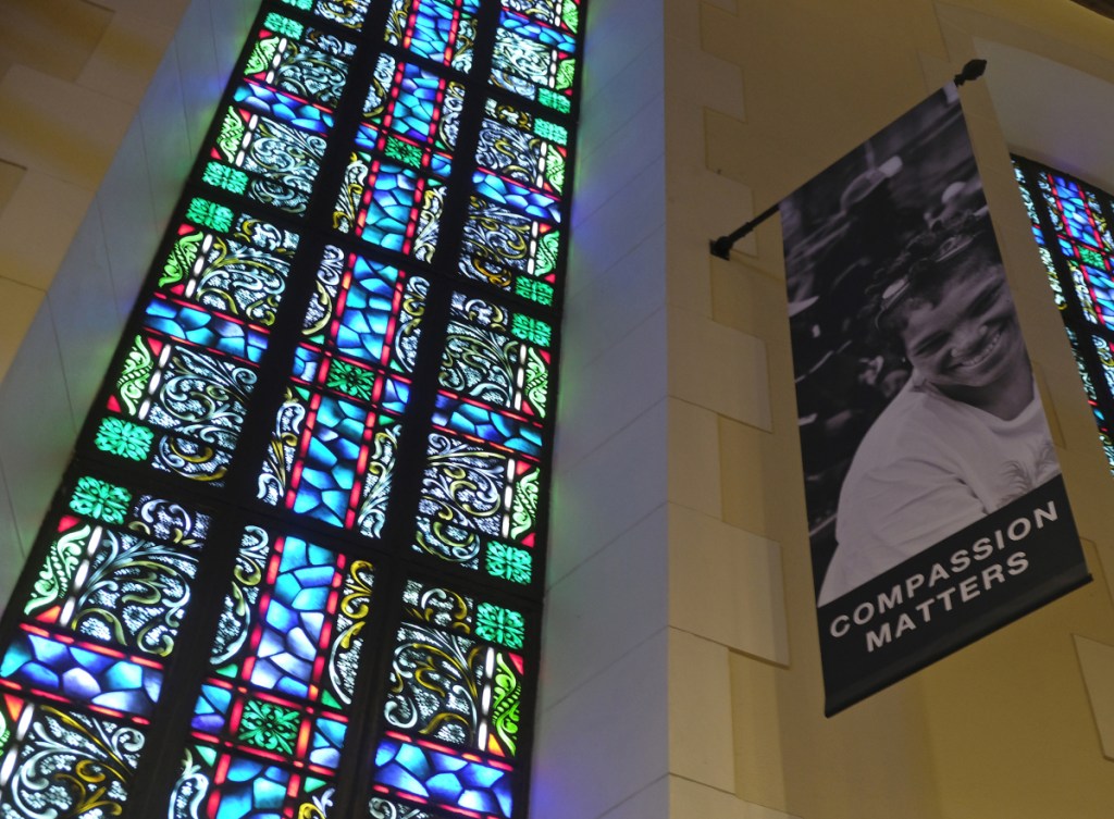 A banner hangs in the sanctuary at the liberal Glide Memorial United Methodist Church in San Francisco. Long-simmering divisions over same-sex marriage and the ordination of LGBT clergy will be addressed this weekend at a Methodist conference in St. Louis.