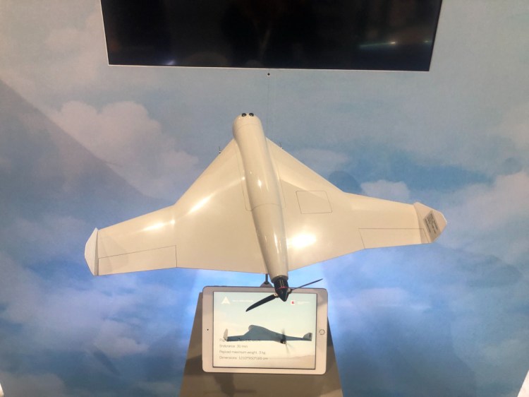 A model of the KUB-UAV, a new unmanned combat aerial system manufactured by the Kalashnikov Group and ZALA Aero Group, is on display at the International Defense Exhibition in Abu Dhabi, United Arab Emirates.