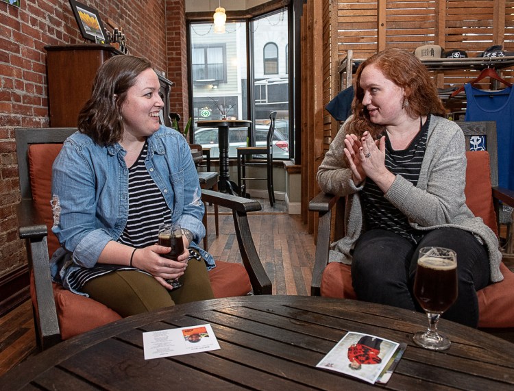 Shae Long and Taylor Swain get together for a planning meeting at Bear Bones Beer in Lewiston, where their first Death Talk L-A event will be held from 6 to 8 p.m. Monday, March 4.
