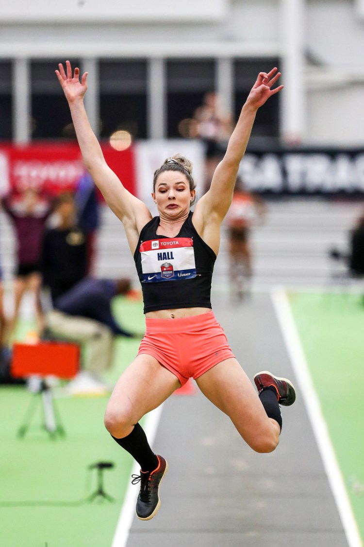 Kate Hall of Casco won the long jump at the U.S. indoor track and field championships on Saturday in New York with a jump of 21 feet, 4   inches.