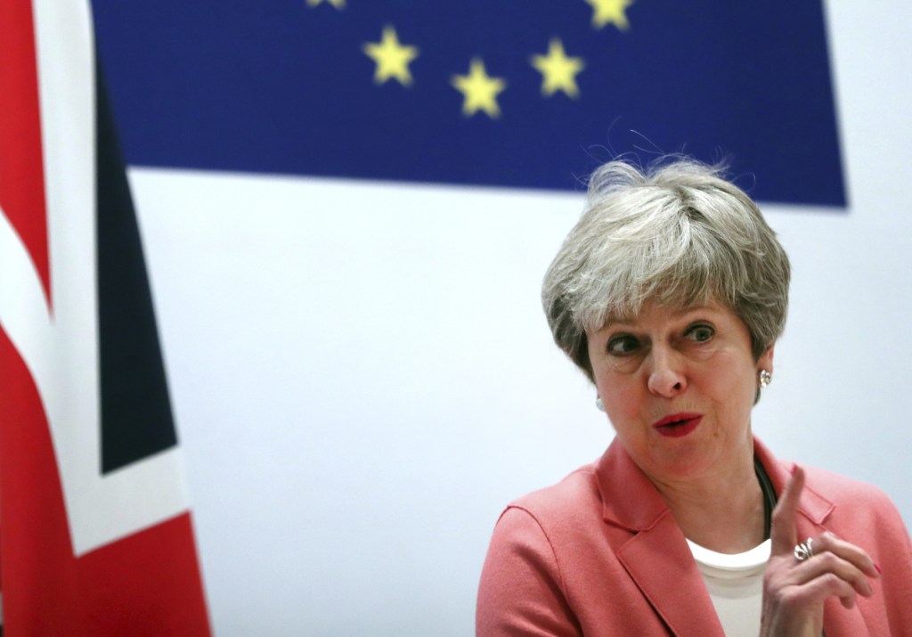 British Prime Minister Theresa May speaks during a media conference at the conclusion of an EU-Arab League summit Monday in Sharm El Sheikh, Egypt. May remains convinced that March 29 remains a realistic Brexit date, despite the EU urging Britain to delay its departure from the bloc to avoid a chaotic rupture.