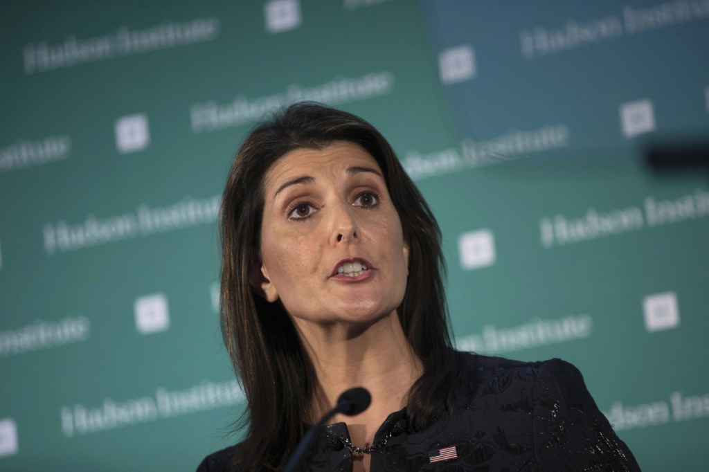 FILE - In this Dec. 3, 2018 file photo, Nikki Haley speaks during the Hudson Institute's 2018 Award Gala in New York.  Boeing is making room on its board of directors for Haley, the former U.S. ambassador to the United Nations. Boeing Co. said Tuesday, Feb. 26, 2019, that it nominated Haley for election at its annual shareholder meeting, which is scheduled for April 29. (AP Photo/Kevin Hagen, File)