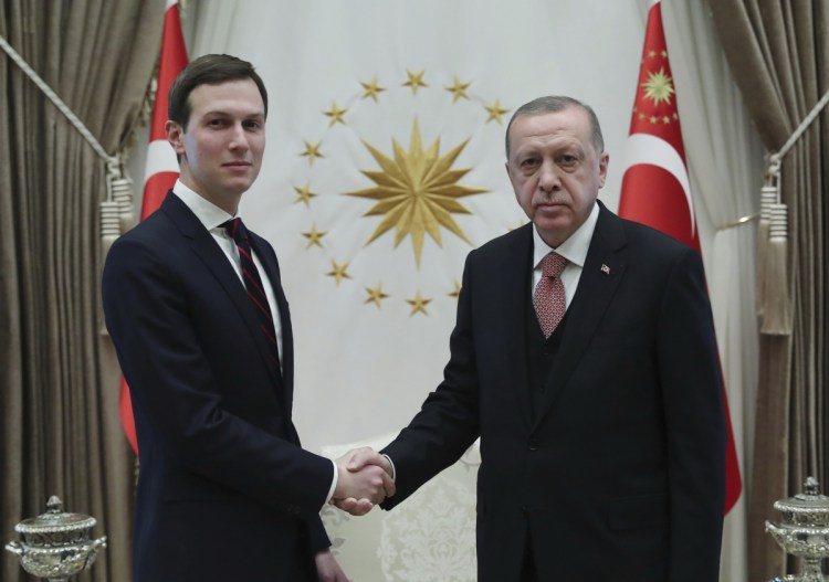 Turkey's president, Recep Tayyip Erdogan, right, shakes hands with Jared Kushner, President Trump's son-in-law and senior adviser, at the presidential palace in Ankara, Turkey, on Wednesday.