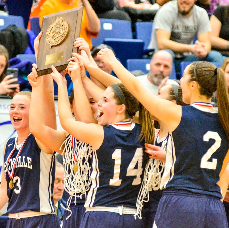 Greenville celebates after beating Rangeley 41-20 in the Class D South girls' basketball championship game Saturday at the Augusta Civic Center.