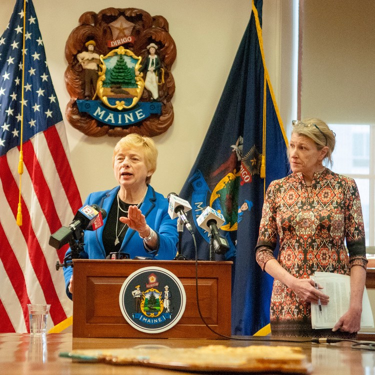 Gov. Janet Mills and Health and Human Services Commissioner Jeanne Lanbrew hold a news conference Wednesday about the state's new psychiatric hospital in Bangor.
