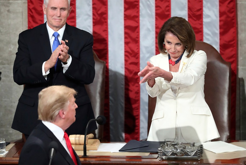 President Trump turns to House Speaker Nancy Pelosi as he delivers his State of the Union address Tuesday night on Capitol Hill.
