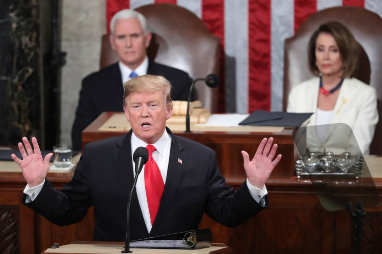 President Donald Trump delivers his State of the Union address to a joint session of Congress on Capitol Hill in Washington, as Vice President Mike Pence and Speaker of the House Nancy Pelosi, D-Calif., watch, Tuesday, Feb. 5, 2019. (AP Photo/Andrew Harnik)
