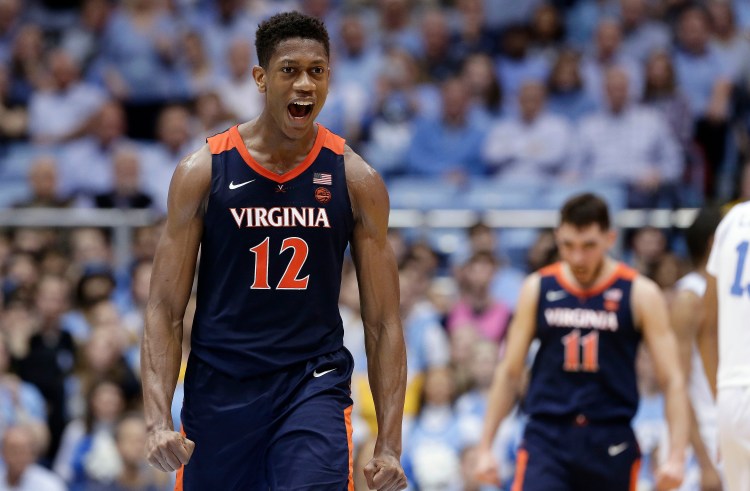 Virginia's De'Andre Hunter (12) reacts following a the Cavaliers' 69-61 win over North Carolina on Monday in Chapel Hill, North Carolina.