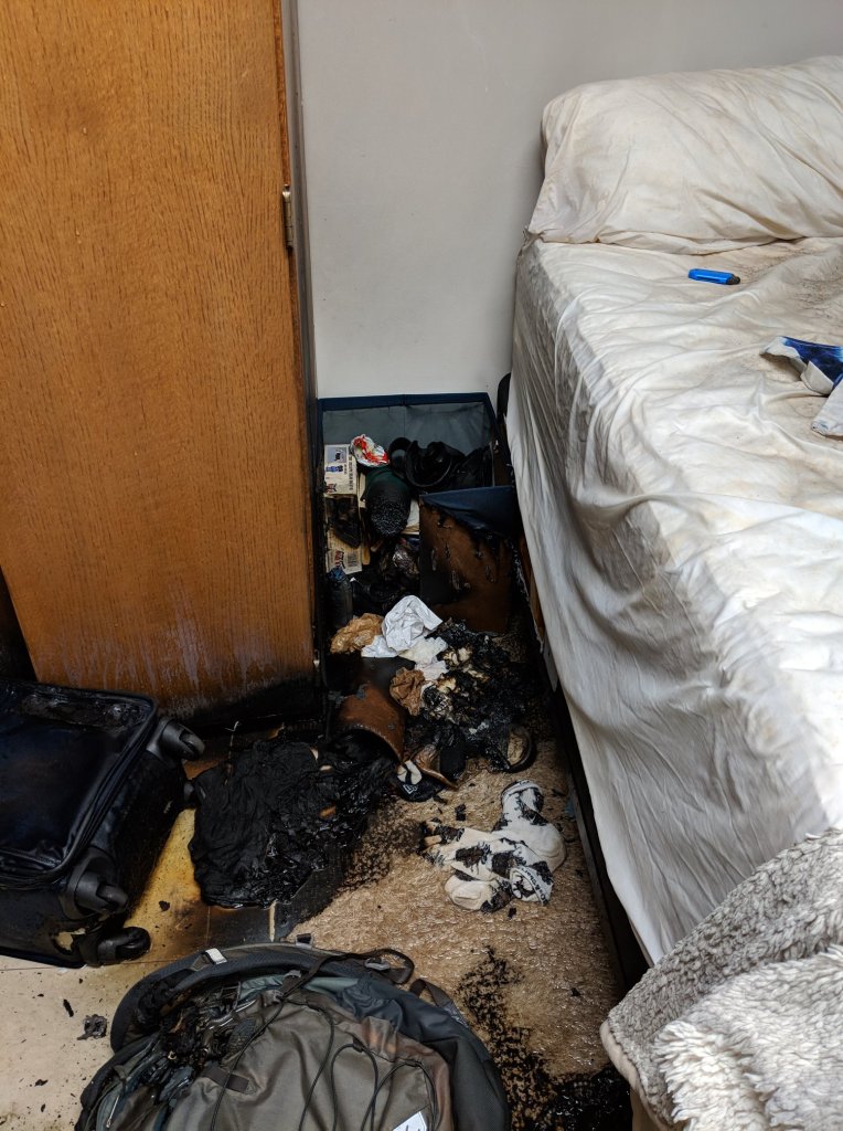 A student suffered burns to a hand and the Quincy House dorm at Bowdoin College in Brunswick was evacuated just before 5 a.m. on Monday when a candle started a fire in this room. 