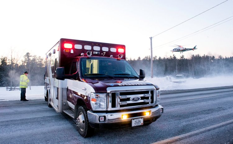 LifeFlight of Maine lifts off from the side of Route 9 as a Lisbon Emergency ambulance blocks traffic in Lisbon on Friday evening.