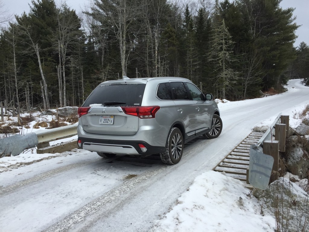 At 185 inches, the Outlander is slightly longer than most compact crossovers, with space for a third-row seat. Photo by Tim Plouff. Location: Green Lake Road, Ellsworth.