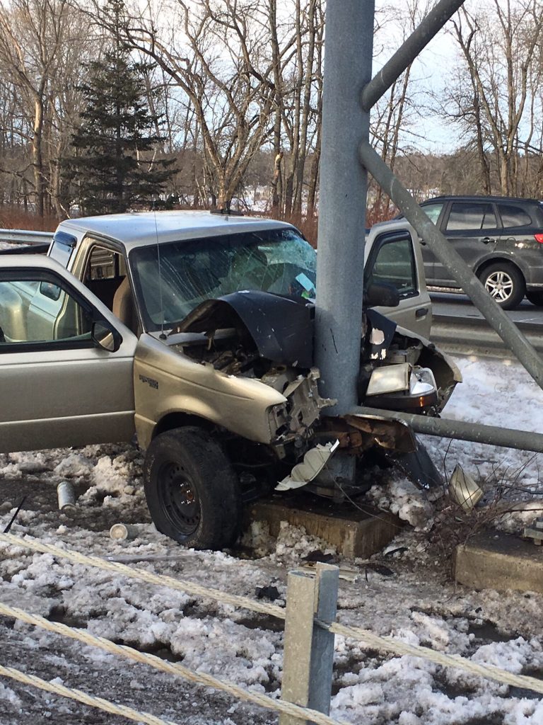 Three people were injured when this pickup truck struck a pole on Route 1 in Brunswick on Sunday.