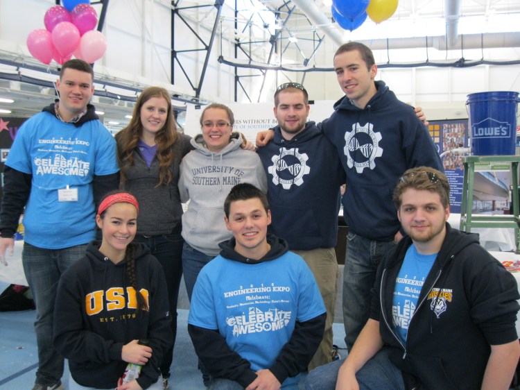 At the 2017 Engineers Week Expo, the USM Engineers Without Borders group presentation highlighted
its trip to Guatemala to install solar hot water panels for an orphanage. Clockwise from upper left are
Tony Finn, Olivia Barragree, Michaela Demers, Hunter Wing, Luke Johnas, Jacob Archer, Austin Verrill
and Aimee Laplant