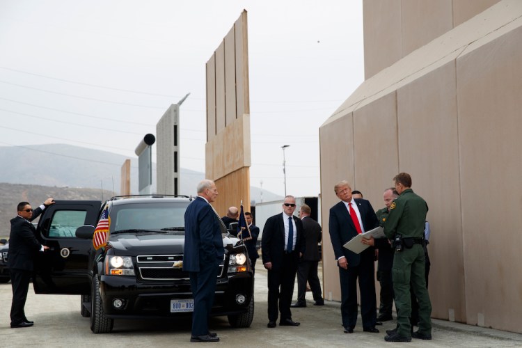 Donald Trump reviews border wall prototypes in San Diego in 2018.