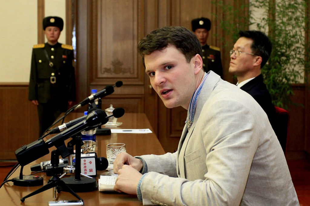 American student Otto Warmbier speaks to reporters in Pyongyang, North Korea, on Feb. 29, 2016.