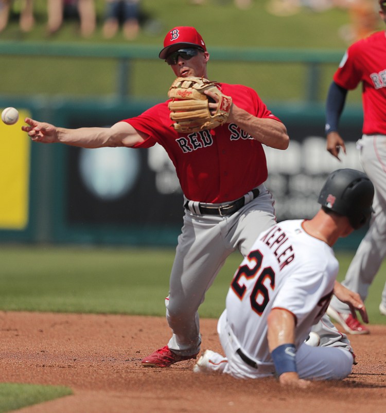 Red Sox infielder Tony Renda throws to first on a double play to end the first inning Friday as the Twins beat the Red Sox 4-3 in a spring training game at Fort Myers, Fla.