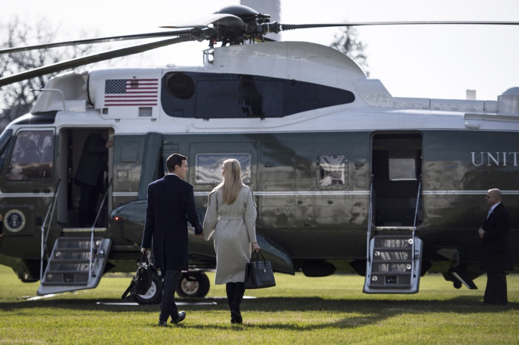 Ivanka Trump and Jared Kushner walk to Marine One on the South Lawn of the White House on Nov. 29. President Trump early last year directed his then-chief of staff, John Kelly, to give Kushner, the president's son-in-law, a top-secret security clearance – a move that made Kelly so uncomfortable that he documented the request in writing, according to current and former administration officials.