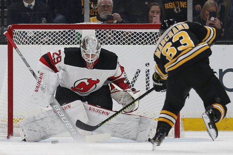 Brad Marchand was denied by New Jersey goalie Mackenzie Blackwood on a penalty shot Saturday night, but he did score the only goal in the Bruins' 1-0 win.