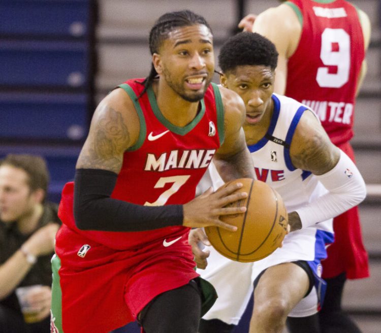 Trey Davis of the Maine Red Claws drives the ball up the court Sunday night during a 102-97 loss to the Grand Rapids Drive at the Portland Expo.