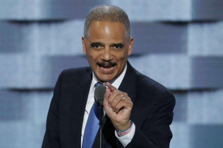 Former Attorney General Eric Holder speaks during the second day of the 2016 Democratic National Convention in Philadelphia.