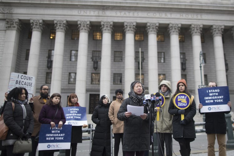 Elizabeth OuYang, coordinator of New York Counts 2020, speaks at a news conference outside the Thurgood Marshall United States Courthouse in November 2018. 