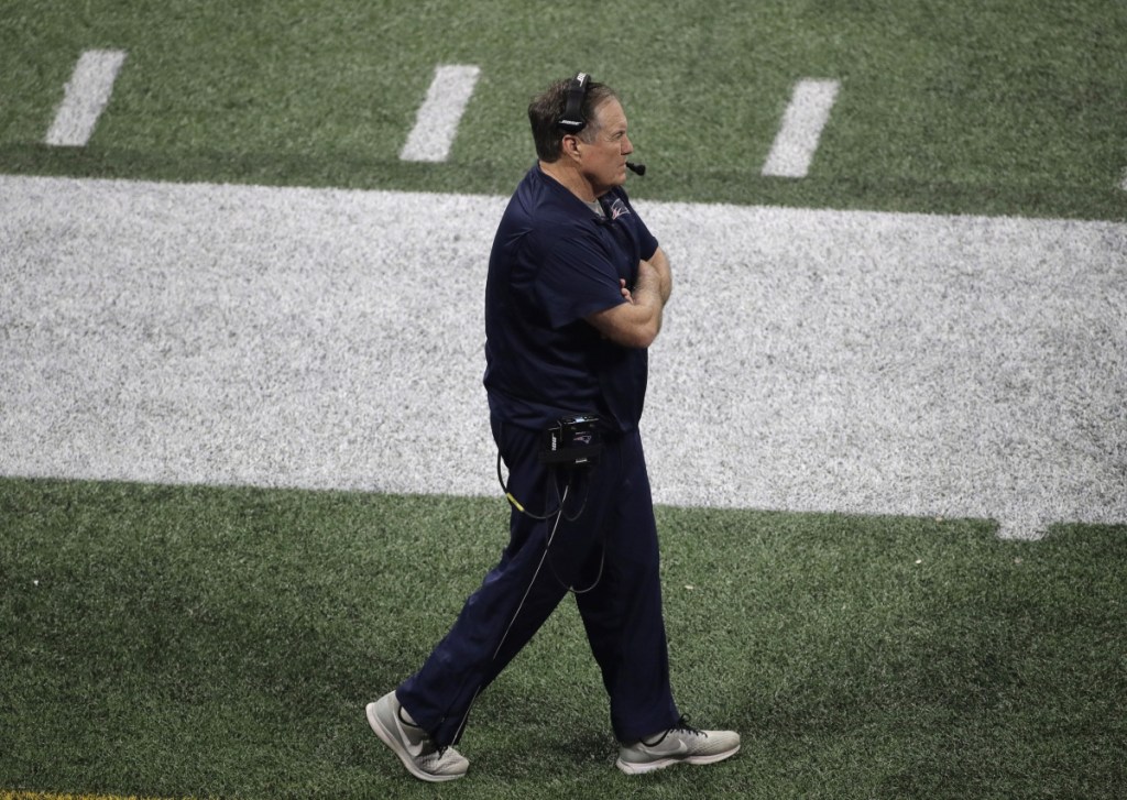 New England coach Bill Belichick walks the sideline during the second half of the Patriots' victory in Super Bowl LIII on Feb. 3. (AP Photo/Charlie Riedel, File)