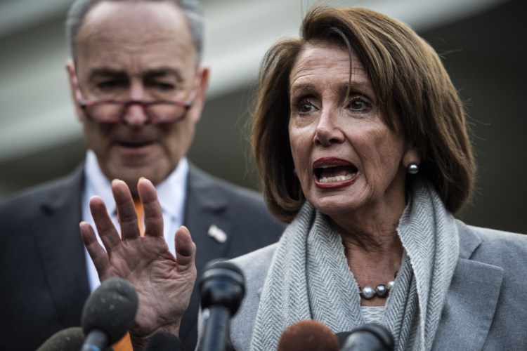 House Speaker Nancy Pelosi, D-Calif., and Senate Minority Leader Chuck Schumer, D-N.Y., speak to the media after a meeting with President Trump during the partial government shutdown. Pelosi is setting a high bar for impeachment of the president, saying he is "just not worth it" even as some on her left flank clamor to start proceedings.