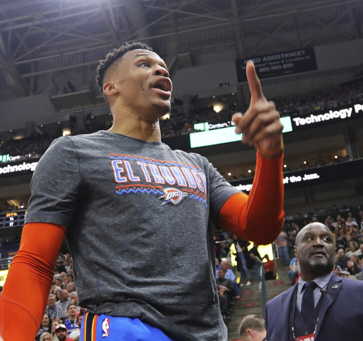 Oklahoma City's Russell Westbrook gets into a heated verbal altercation with fans in Utah on Monday night. He was fined $25,000 by the NBA.