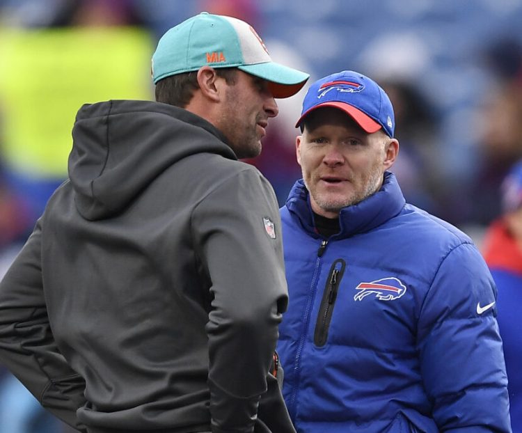 New Jets coach Adam Gase, left, and Sean McDermott, coach of the Bills, should benefit from their teams' aggressive moves at the start of the NFL free-agency period, but much work is still needed to top the Patriots.
