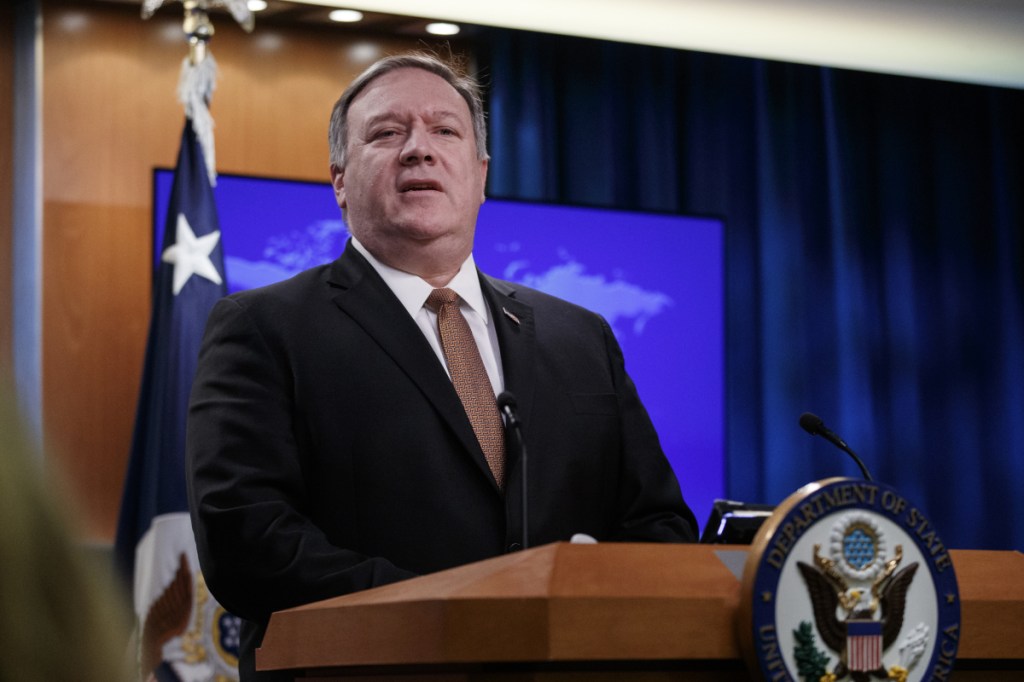 Secretary of State Mike Pompeo speaks during a news conference Friday at the State Department in Washington. He played down tensions with North Korea, saying he expects that the two sides will continue "very professional conversations."