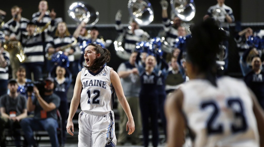"The energy (the fans) bring is a game-changer," said University of Maine senior guard Parise Rossignol, left, of Van Buren. The Black Bears learn their next opponent on the NCAA's Selection Show on Monday. Ben McCanna/Staff Photographer