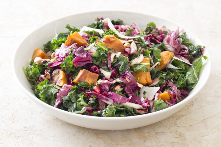 Kale Salad With Sweet Potatoes delivers. The recipe appears in "The Complete Mediterranean Cookbook."