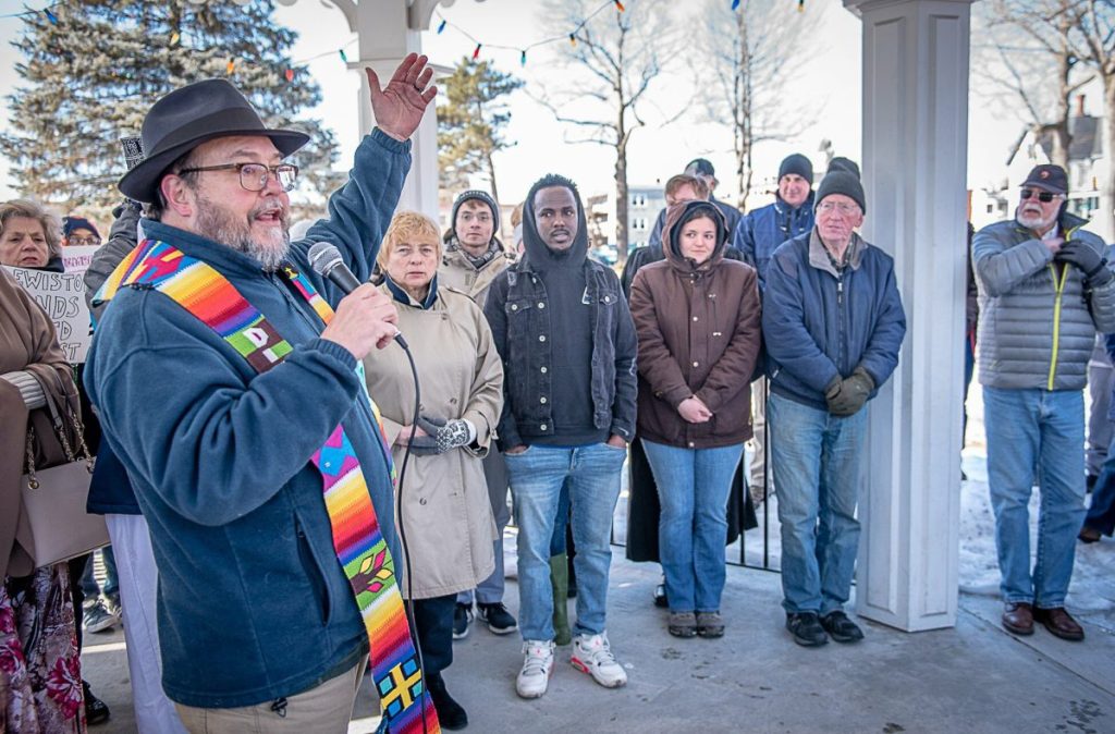 Andree Kehn/Sun Journal
The Rev. Stephen Carnahan was one of many religious leaders to open Sunday's vigil in Lewiston's Kennedy Park. (Sun Journal photo by Andree Kehn)