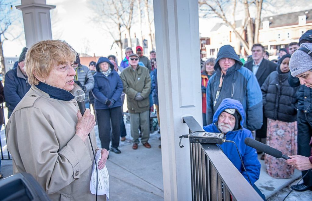Gov. Janet Mills speaks at the Standing Up Against Hate vigil in Lewiston's Kennedy Park on Sunday afternoon. The vigil was held to condemn Friday's mass shooting at two New Zealand mosques and decry hatred and violence. (Sun Journal photo by Andree Kehn)