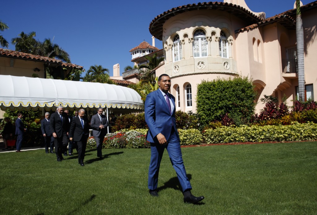 Caribbean leaders, led by Jamaican Prime Minister Andrew Holness, emerge Friday after meeting with President Trump at his Mar-A Lago estate.