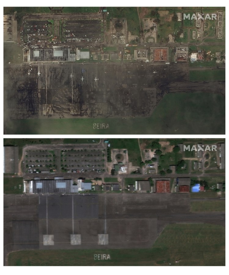 Satellite images of the city airport in Beria, Mozambique, show the impact of Cyclone Idai on the area, with top photo before the cyclone dated March 13 and photo below dated March 22.  
