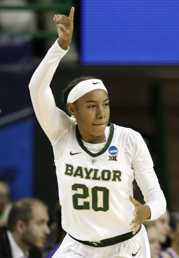 Baylor guard Juicy Landrum celebrates making a 3-point shot during the Lady Bears' win over Abilene Christian on Saturday in Waco, Texas.