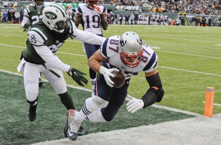 New England Patriots tight end Rob Gronkowski finishes his career with NFL postseason records for receptions (81) and touchdowns (12) by a tight end.