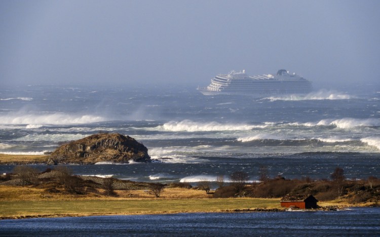 The cruise ship Viking Sky drifts after sending a mayday signal because of engine failure in windy conditions near Hustadvika, off the west coast of Norway, on Saturday.
